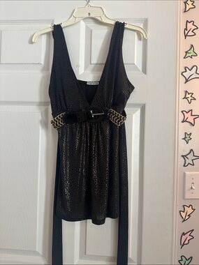 Body Central Black Sleeveless V-Neck Mini with Gold Chain Belt